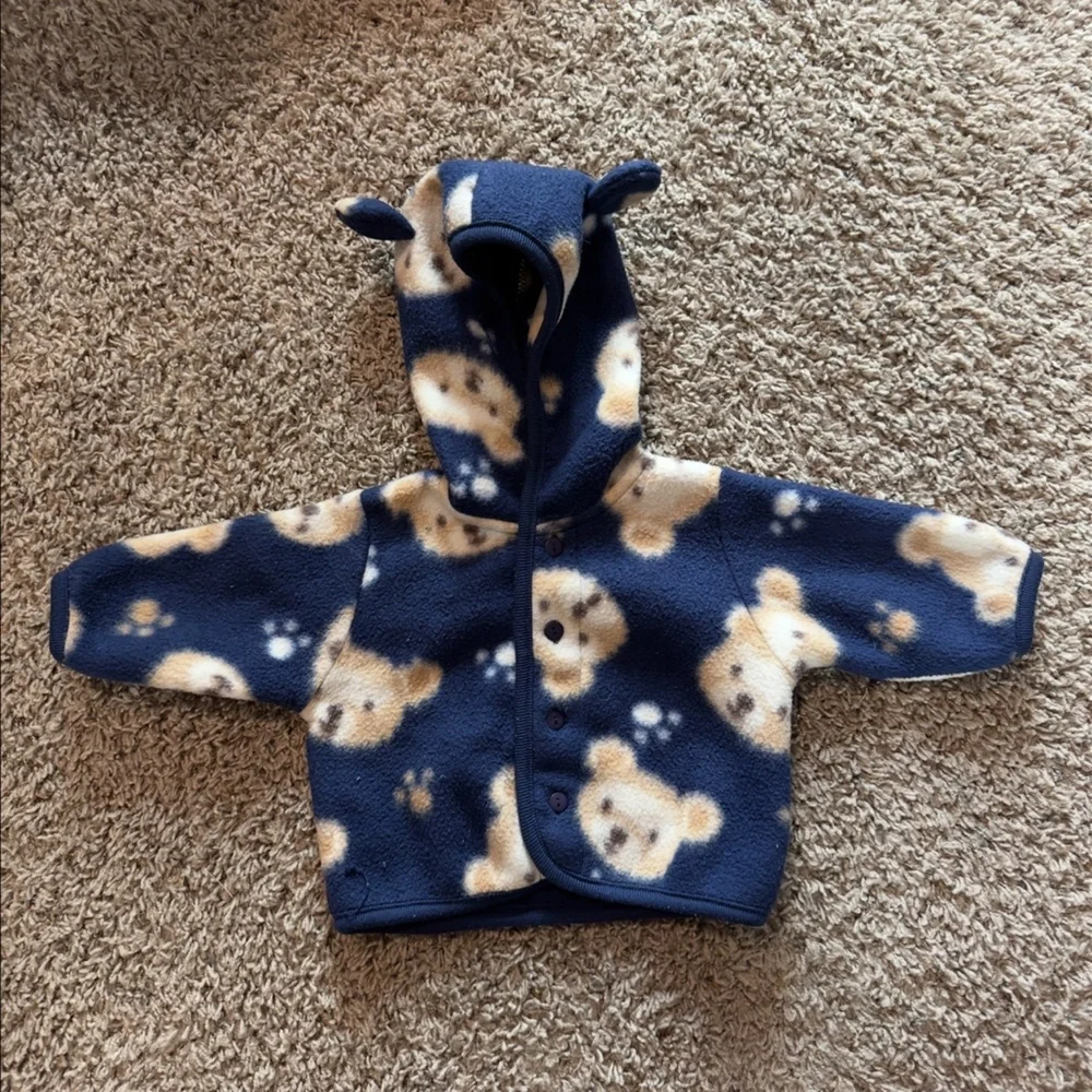Adorable Vintage First Impressions Fuzzy Bear Print Baby Outfit with Ears